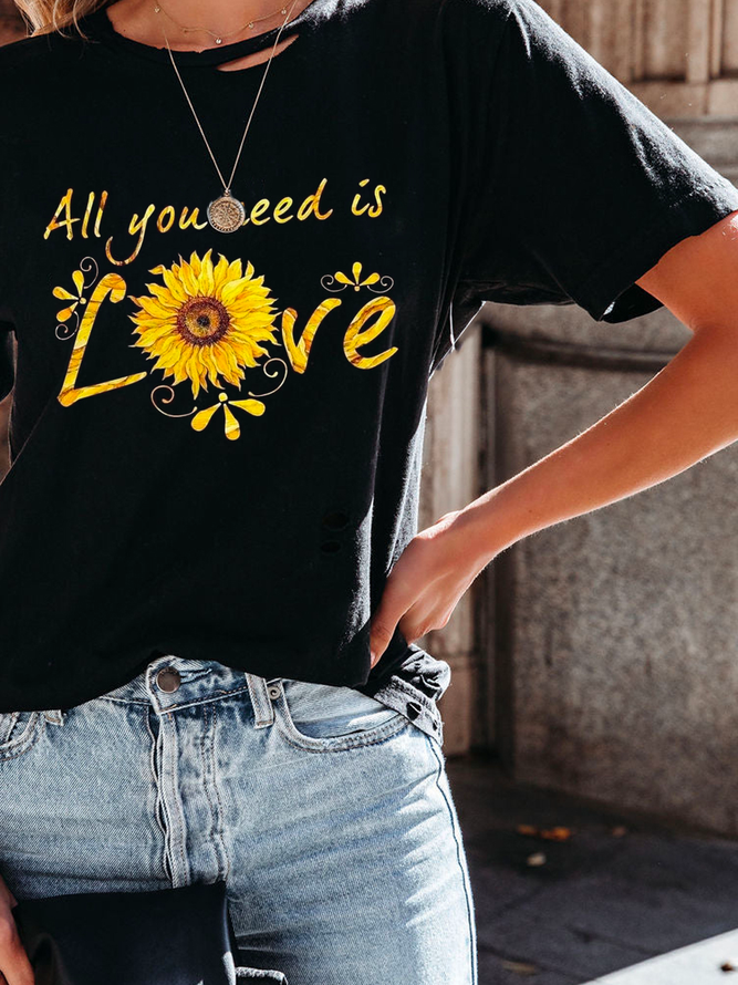 Weit Rundhals Lässig Sonnenblume T-Shirt