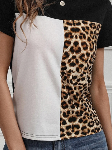 Farbblock Leopard Lässig T-Shirt