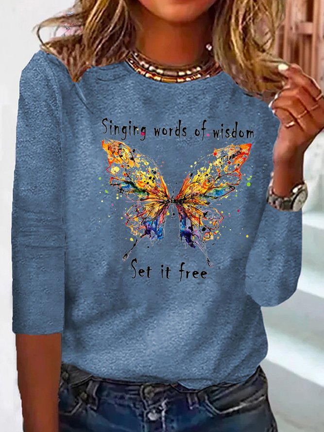 Schmetterling Langarm Weit Lässig T-Bluse