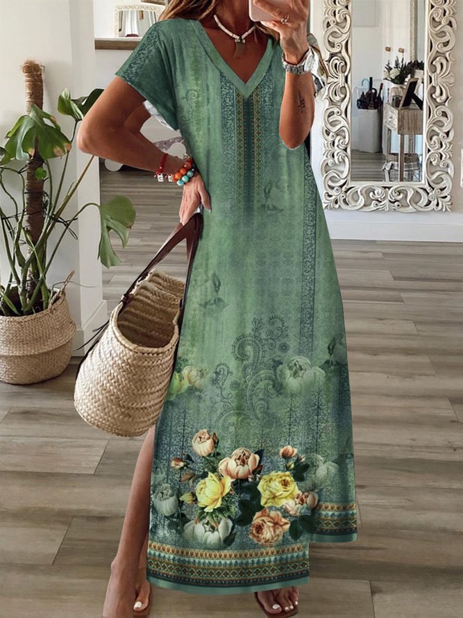 Lässig Blumenmuster Jersey V-Ausschnitt Kleid