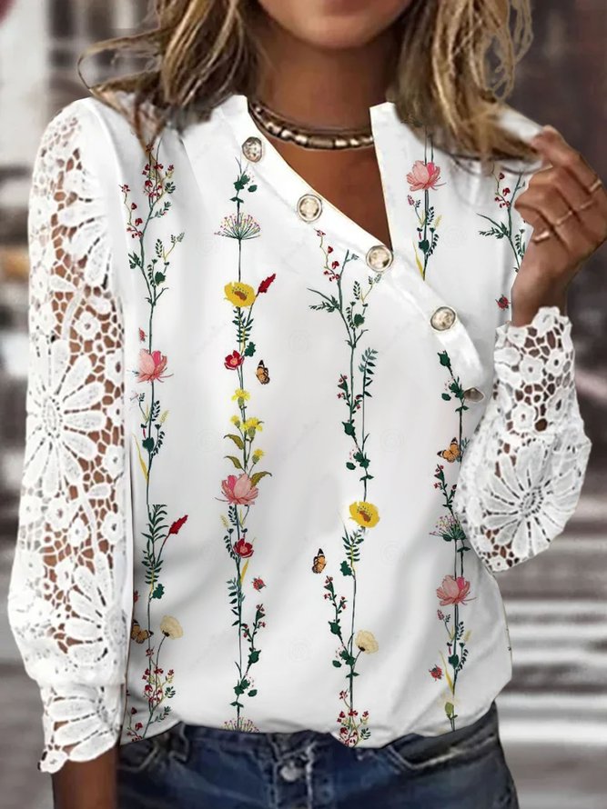 Asymmetrisch Ausschnitt Jersey Blumenmuster Lässig Patchwork Spitze Bluse