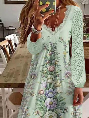 Weit V-Ausschnitt Lässig Blumenmuster Patchwork Spitze Kleid