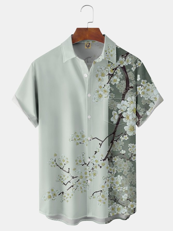 Geblümt Sakura Brusttasche Kurzarm Hawaiische Bluse