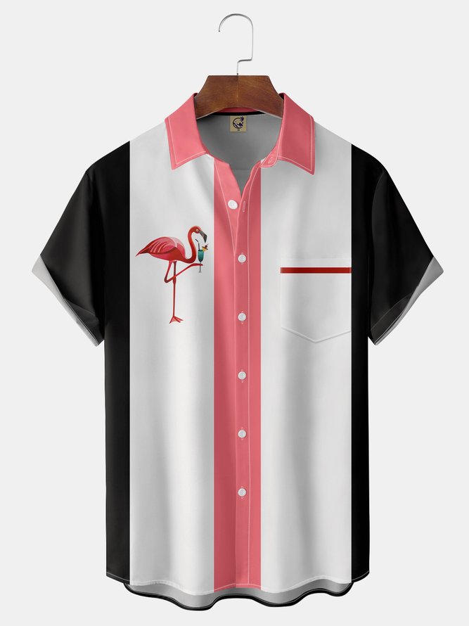 Flamingo Brusttasche Kurzarm Bowling Bluse