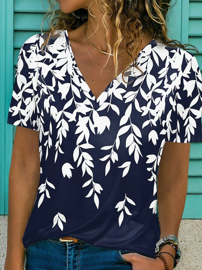 V-Ausschnitt Lässig Weit Jersey T-Shirt