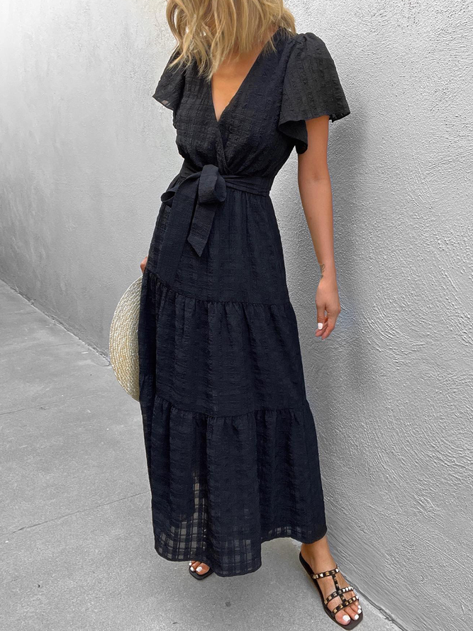 Lässig Unifarben V-Ausschnitt Kleid
