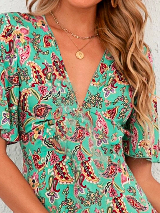 Ethnisch Urlaub Weit V-Ausschnitt Kleid