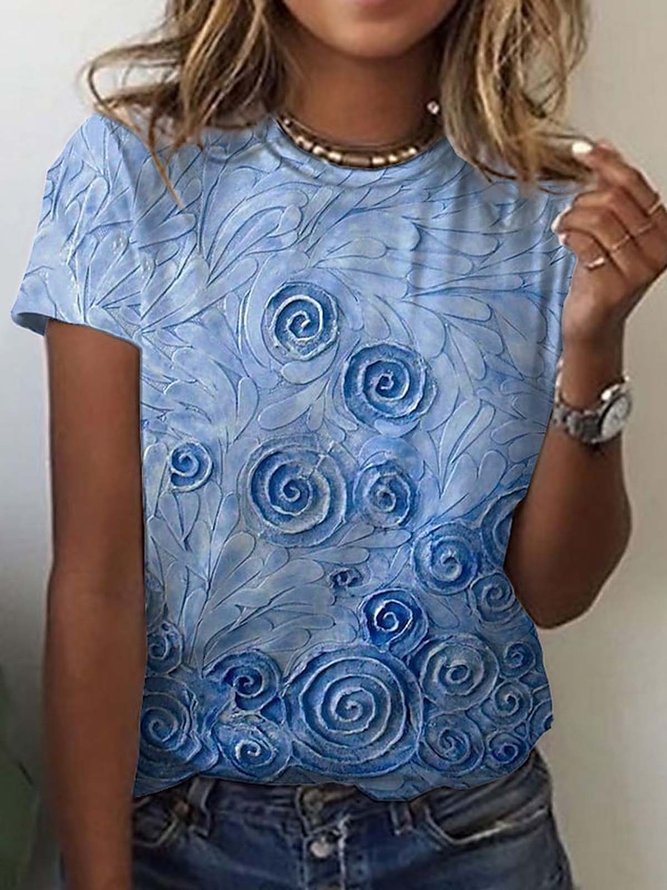 Blau Geblümt Lässig Rundhals T-Shirt