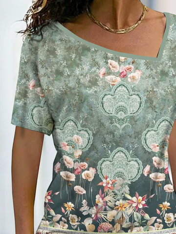 Jersey Asymmetrisch Ausschnitt Lässig Blumenmuster T-Shirt