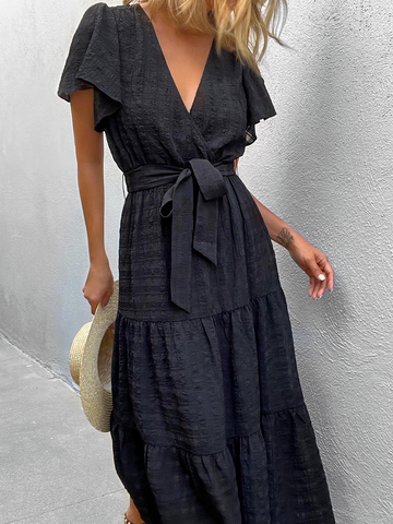 Lässig Unifarben V-Ausschnitt Kleid