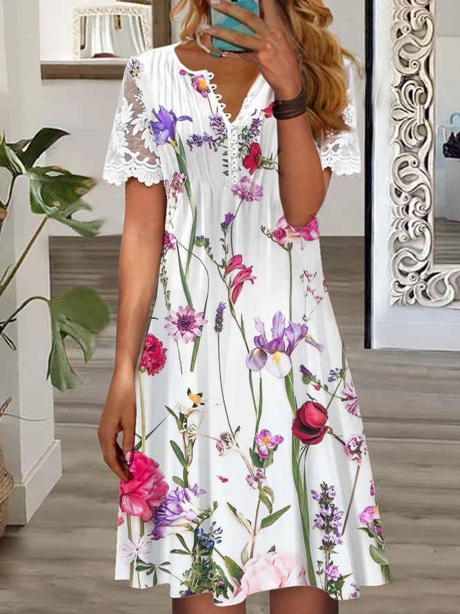 Blumenmuster Schnalle Patchwork Spitze Freizeitkleid