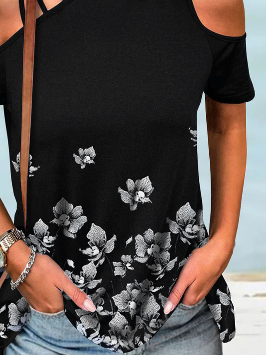 Blumenmuster Lässig Unregelmäßige Handwerkskunst Locker Asymmetrisch T-Shirt