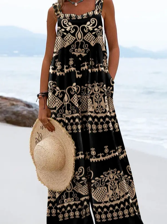 Ethnisch Karree-Ausschnitt Weit Lässig Jumpsuit