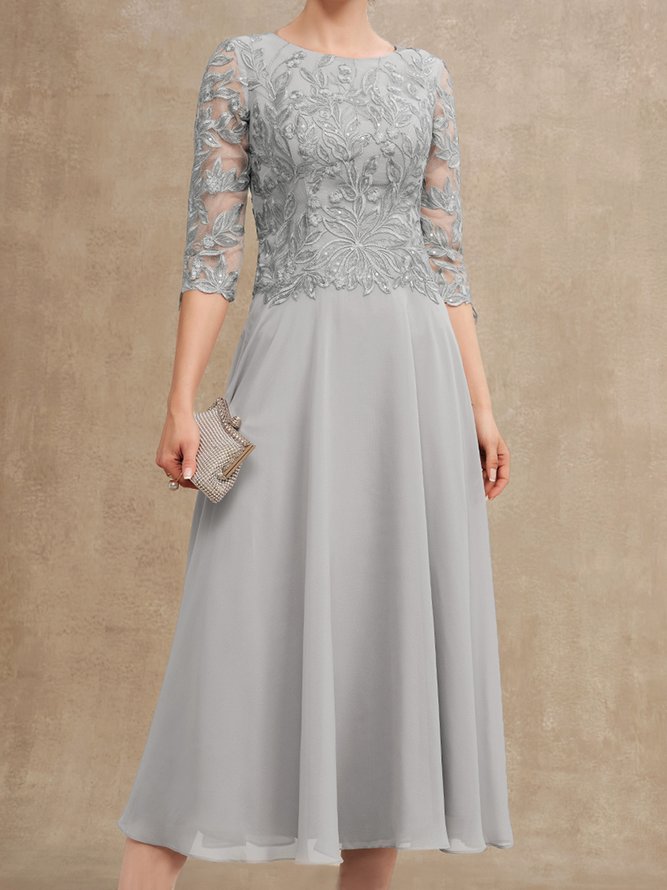 Lässig Spitze Rundhals Regelmäßige Passform Kleid