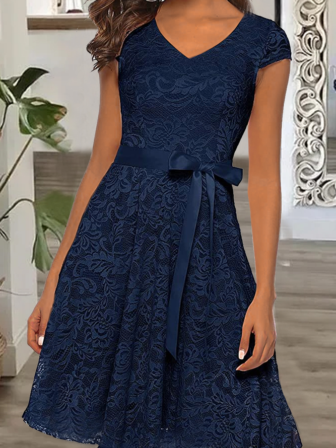 Unifarben V-Ausschnitt Spitze Freizeitkleid