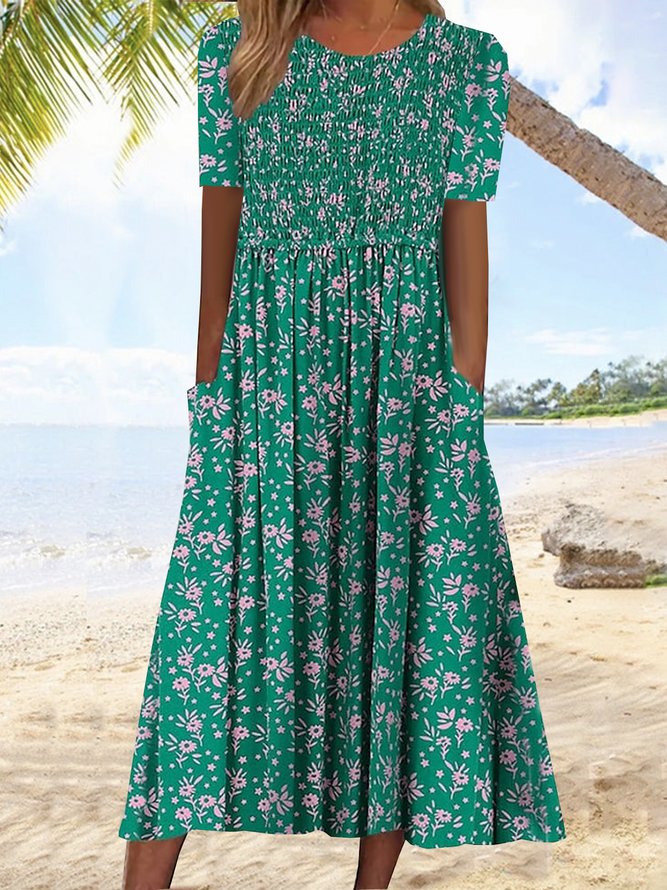 Grün Geblümt Rundhals Lässig Weit Kleid