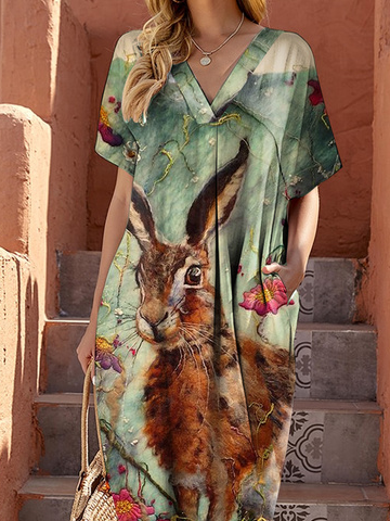 Lässig Print Weit V-Ausschnitt Kleid