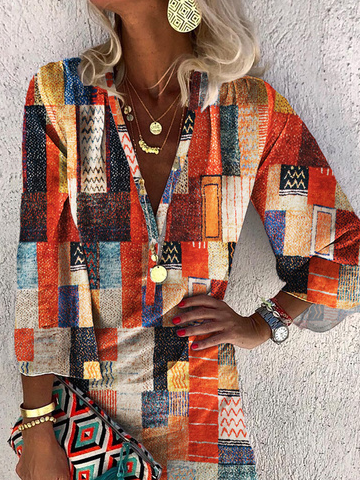Farbblock Geometrisch V-Ausschnitt Urlaub Tunika Kleid