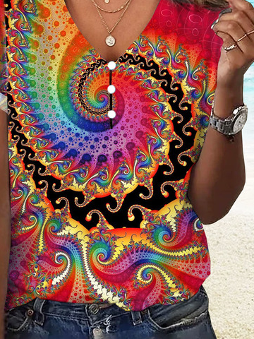 V-Ausschnitt Abstrakt Print Weit Hollow-out Lässig Bluse