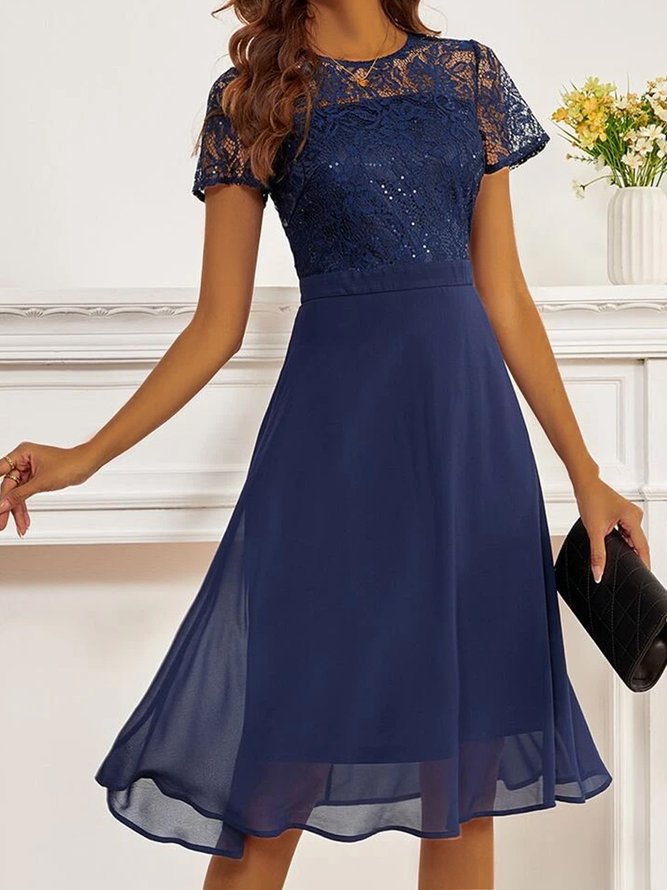 Spitze Weit Rundhals Freizeitkleid