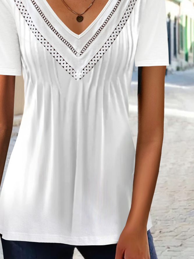 Unifarben Lässig V-Ausschnitt Jersey Patchwork Spitze Tunika Bluse