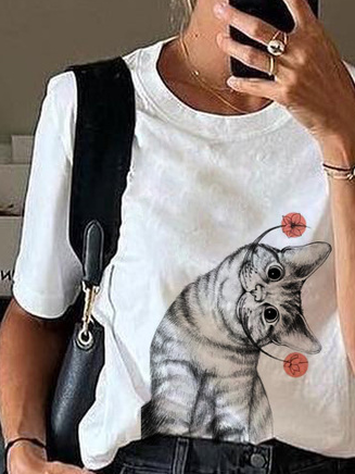 Lässig Katze Rundhals T-Shirt