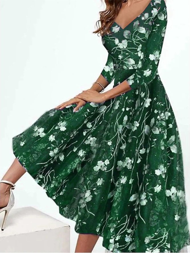 Elegant V-Ausschnitt Geblümt A-Linien-Kleid