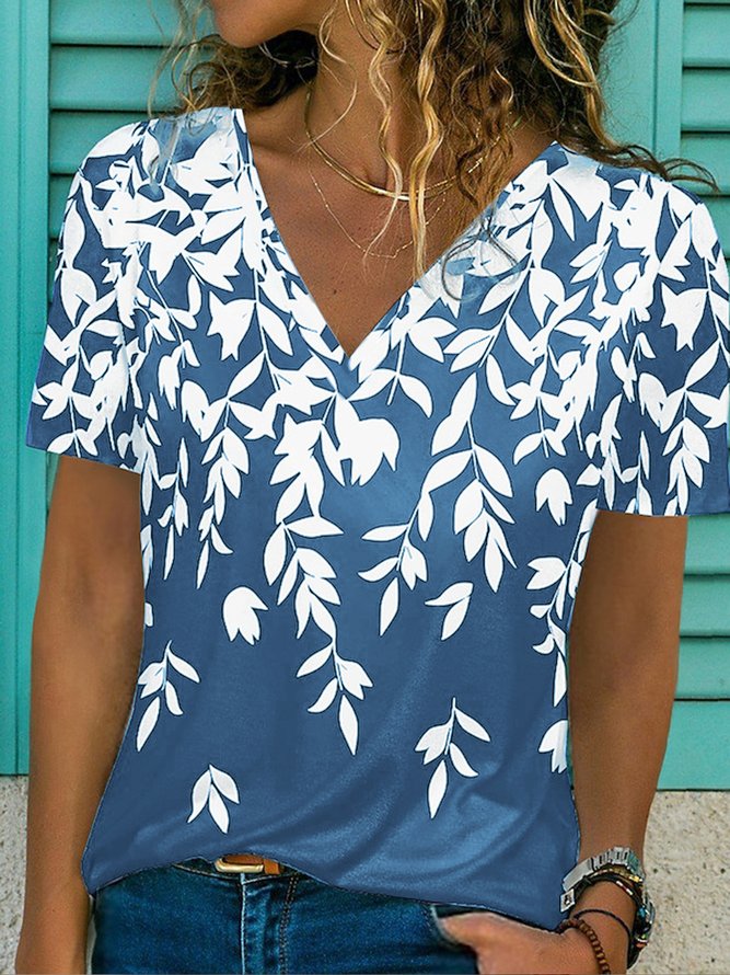V-Ausschnitt Lässig Weit Jersey T-Shirt