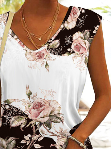 V-Ausschnitt Lässig Jersey Blumenmuster Tanktop Oberteile