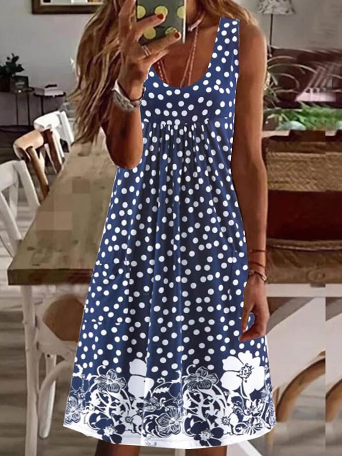 Rundhals Lässig Polka Dots Geblümt Jersey Kleid