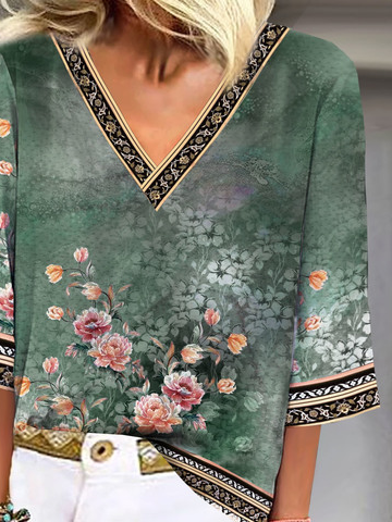 Weit Blumenmuster Lässig V-Ausschnitt Bluse