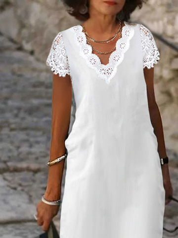Lässig Unifarben Spitzenrand Kleid