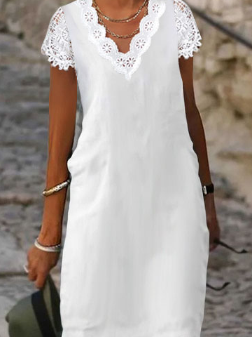 Lässig Unifarben Spitzenrand Kleid