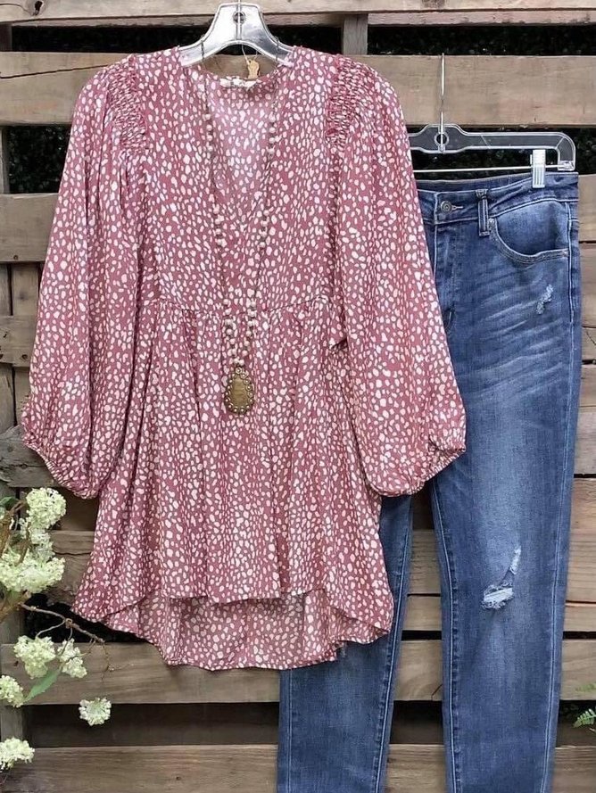 Weit Abstrakt Polka Dots V-Ausschnitt Bluse