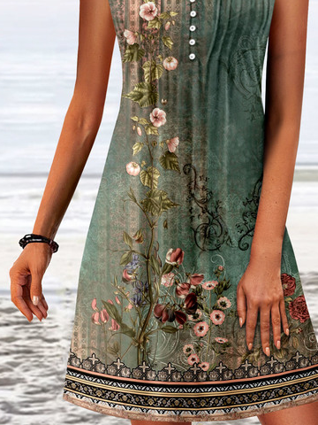 Schnalle Lässig Jersey Blumenmuster Kleid