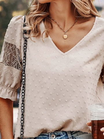 Weit Sonstiges Lässig Spitze T-Shirt