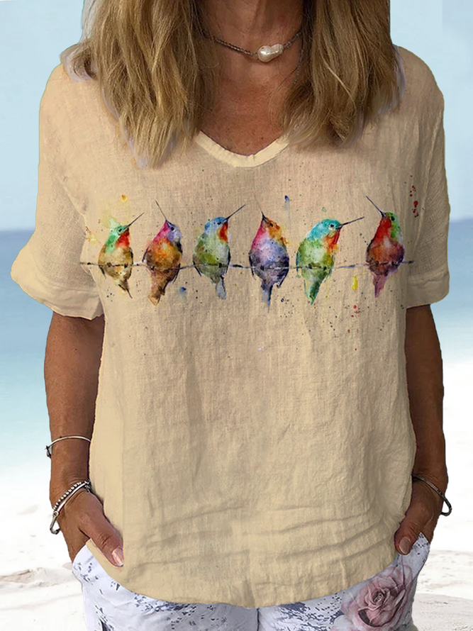 Lässige V-Ausschnitt Bluse Freizeitbluse mit Vögelprint