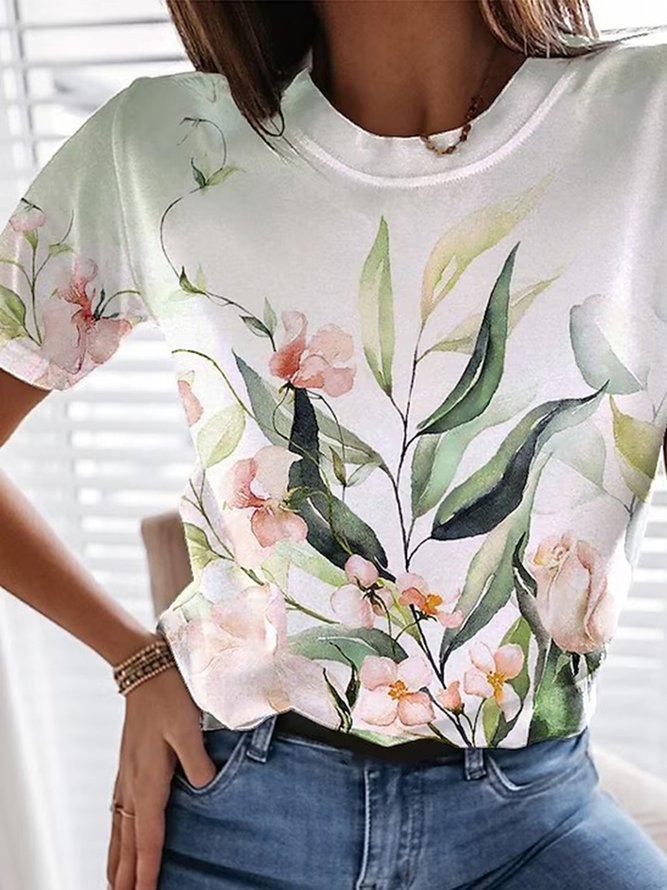 Geblümt Lässig Rundhals Weit T-Shirt