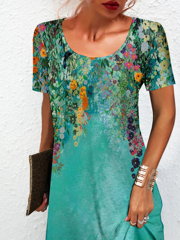 Blumenmuster Rundhals Jersey Freizeitkleid