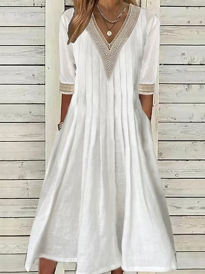 Spitze Baumwolle Leinen Lässig Unifarben Kleid