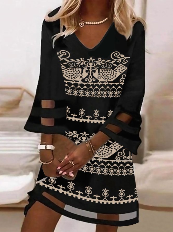 Ethnisch Mesh V-Ausschnitt Lässig Tunika Kleid