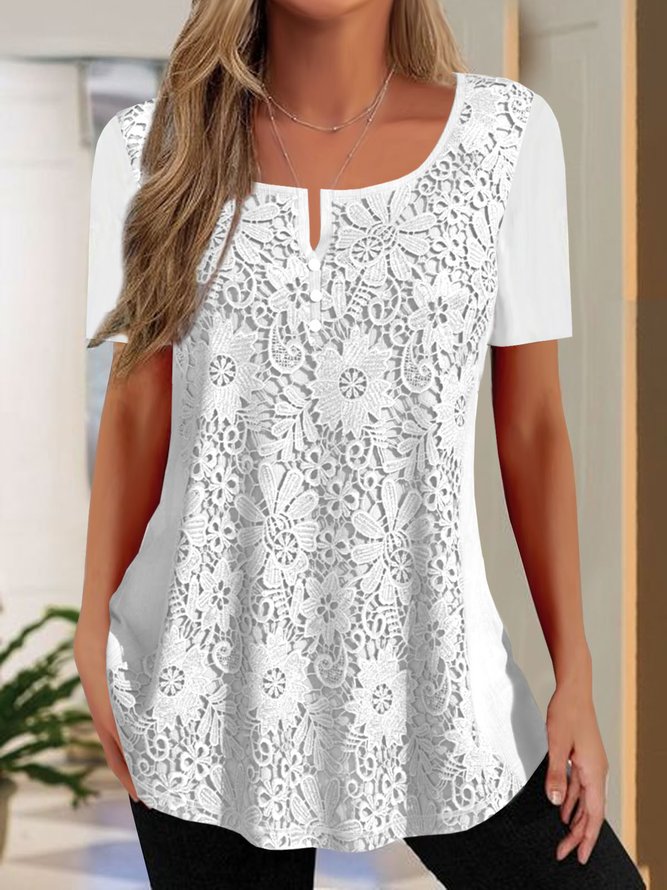 Lässig Unifarben Patchwork Spitze Gekerbt Kragen Tunika Bluse