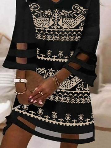 Ethnisch Mesh V-Ausschnitt Lässig Tunika Kleid