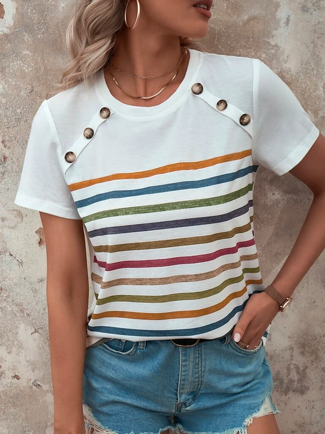 Urlaub Geknöpft Farbblock Gestreift Knopf Detail T-Shirt