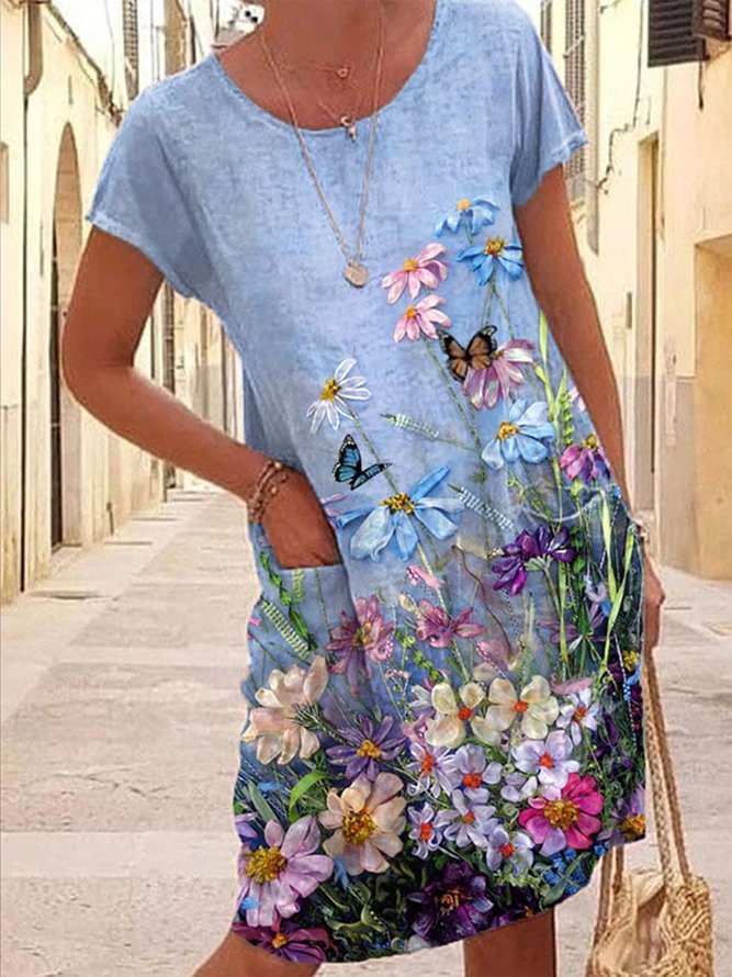 Geblümt Lässig Rundhals Kleid