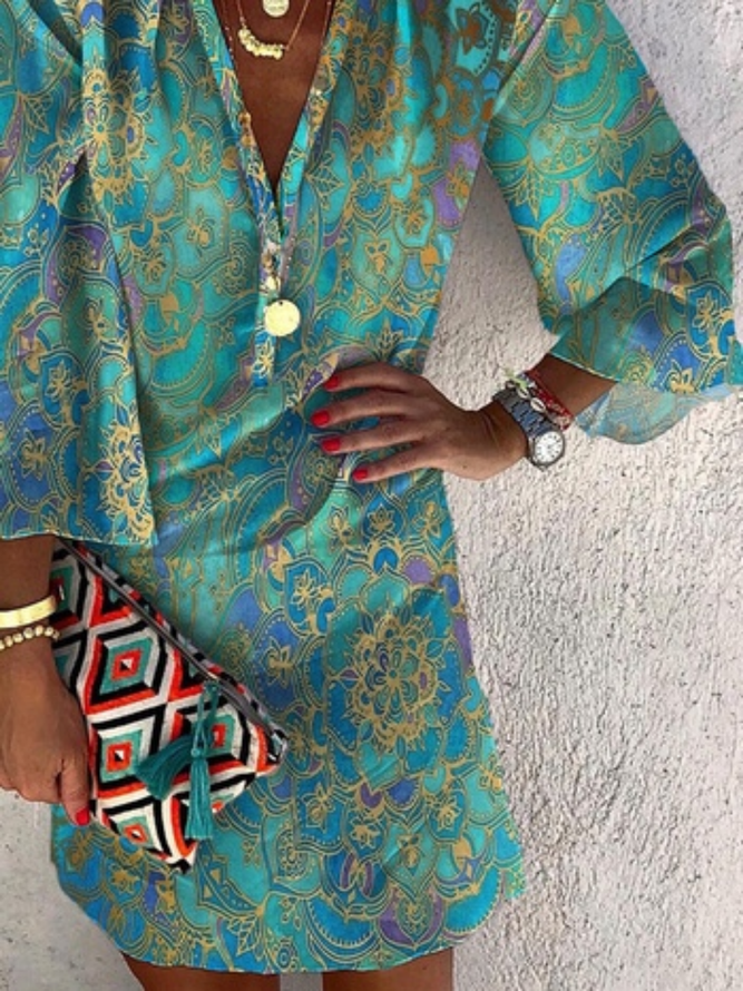 Ethnisch V-Ausschnitt Urlaub Tunika Kleid
