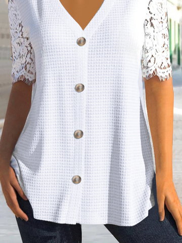 Unifarben Retro V-Ausschnitt Jersey Bluse