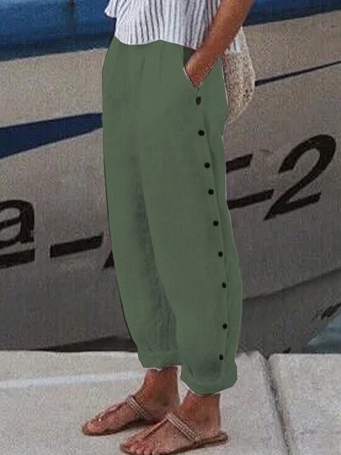 Geknöpft Leinen Weit Unifarben Hose