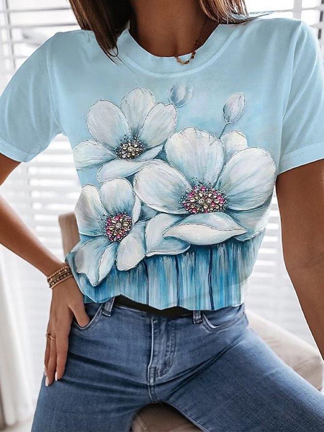 Lässig Geblümt Rundhals Weit T-Shirt