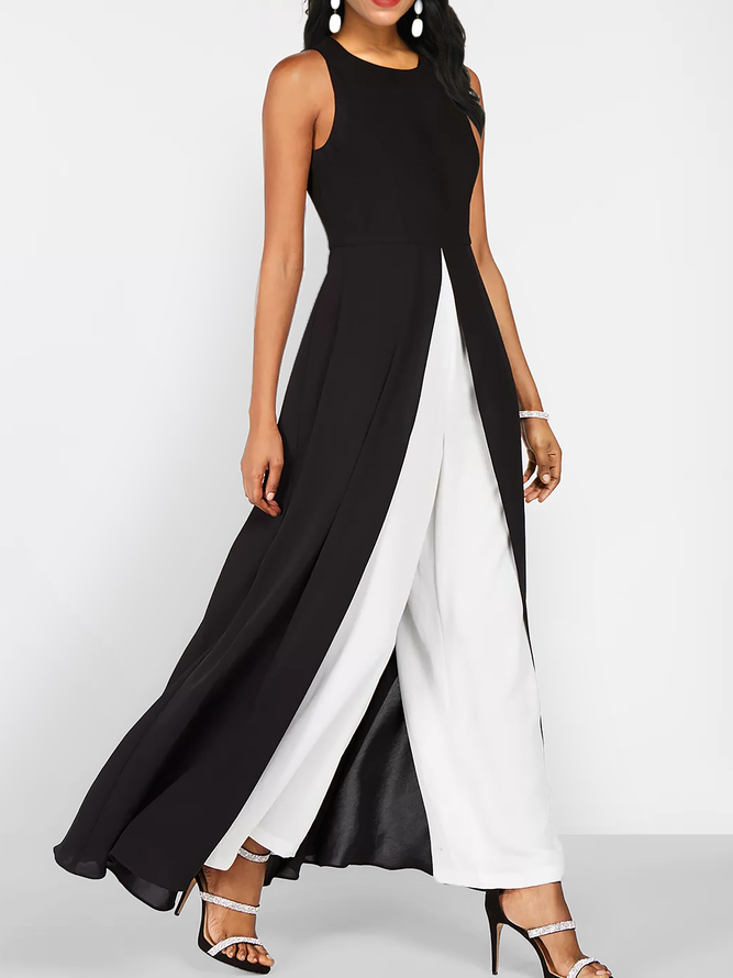 Kontrast Schwarz Rundhals Ärmellos Jumpsuit